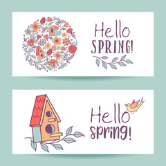 Hello, spring! Bird nests and spring flowers. Vector illustration.