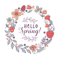 Hello, spring! Bird nests and spring flowers. Vector illustration.
