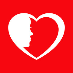 Icono plano corazon con cabeza mujer en fondo rojo