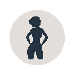 Icono plano silueta chica desnuda de pie en circulo gris