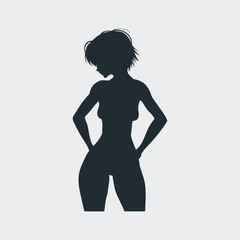Icono plano silueta chica desnuda de pie en fondo gris