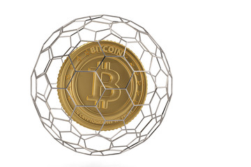 Bitcoin in the hexagon composition. 3D illustration.