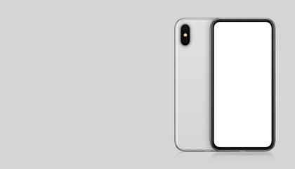 New modern white smartphone mockup front and back sides on gray background with copy space