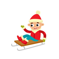 Cartoon teenaged boy on sledge, cartoon vector illustration