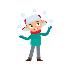 Happy teenage in winter clothes playing with snowballs, vector illustration