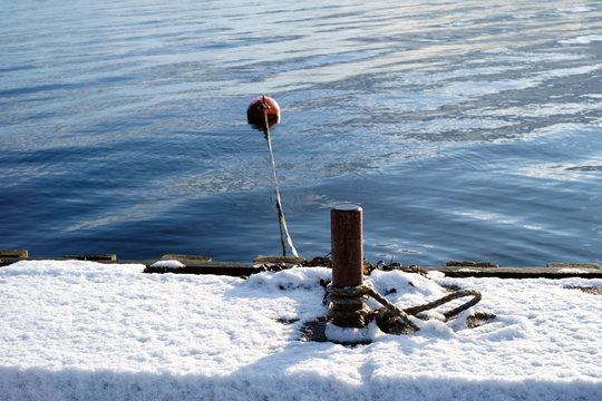A dock without a boat in winter