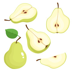 Bright vector set of juicy green pears isolated on white.