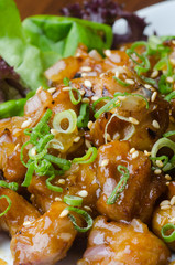 japanese cuisine. fry sauce chicken on the background