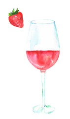 Glass of rose wine and strawberry, watercolour, isolated on white