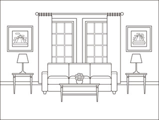 Living room interior with window. Linear room in flat design. Vector. Outline background. Home space with furniture in line art. Coloring page. Cartoon house equipment. Salon. Thin line illustration.