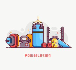 Naklejka premium Weightlifting and powerlifting lifestyle banner with weight and strength training equipment. Such as dumbbell, barbell, punching bag and kettlebell weight. Body building and gym concept illustration.