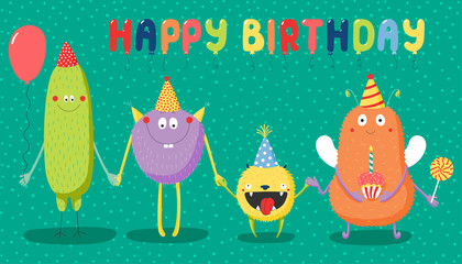 Hand drawn birthday card with cute funny monsters in party hats, smiling and holding hands, with typography. Vector illustration. Isolated objects. Design concept for children, birthday celebration. © Maria Skrigan