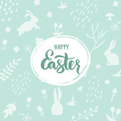 Happy Easter lettering on light green background with bunny silhouette and floral decorative elements. Vector illustration.