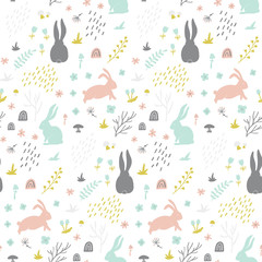 Childish seamless pattern with bunny, hand drawn shapes ,forest and floral elements. Great for fabric, textile, wrapping paper. Scandinavian style.