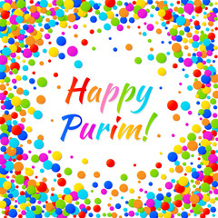 Happy Purim carnival text with colorful rainbow colors paper confetti frame isolated on white background. Purim Jewish holiday.