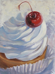 Cake with whipped cream and cherry on the top, original oil painting on canvas