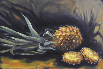 Still life with pineapple with leaves and slices, on artistic background with dramatic shadow. Original oil painting on canvas