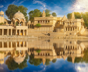Fototapeta na wymiar Gadi Sagar temple on Gadisar lake Jaisalmer, India.