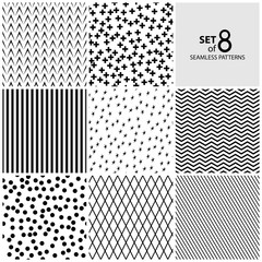 Set of Eight Geometric Monochrome Seamless Patterns, Plus Sign and Strip and Stars, Rhombus and Polka Dots, Wave and Herringbone, Black and White Vector Illustration