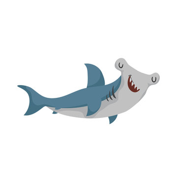 Cartoon hammerhead fish. Trendy design shark flat icon. Cheerful and closed eyes. Wildlife vector illustration.