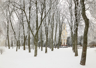 GOMEL, BELARUS - JANUARY 23, 2018: Peter and Paul Cathedral in the city park in icy frost.