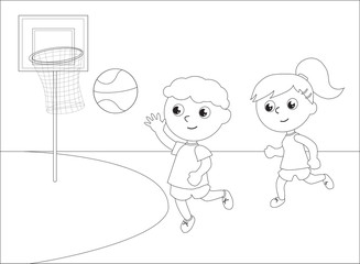 Children playing basketball black and white vector