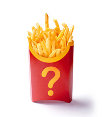 French fries in red carton package box with a question mark symbol isolated on white background
