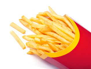 French fries in red carton package box isolated on white background
