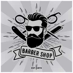 Barber shop vintage label, badge, or emblem on gray background. Vector illustration