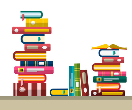 Pile of Books in Library or Bookstore. Vector Flat Design Illustration.