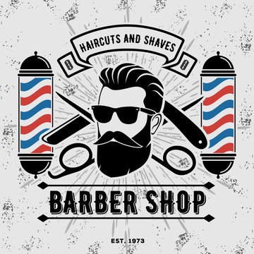 Barber shop vintage poster, banner, label, badge, or emblem on gray background. Vector illustration