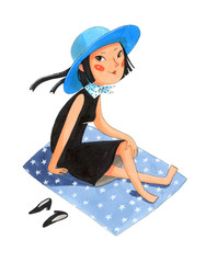The girl in a black dress and blue hat is sitting on the lue cover.