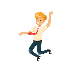 Smiling happy boy character in school uniform jumping vector Illustration