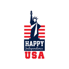 Creative logo with Statue of Liberty and US flag. Independence day. National holiday. Happy 4th of July. Flat vector design for emblem, postcard, banner