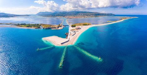 Panoramic view over Lefkada Island and harbour entrance at the floating swing bridge