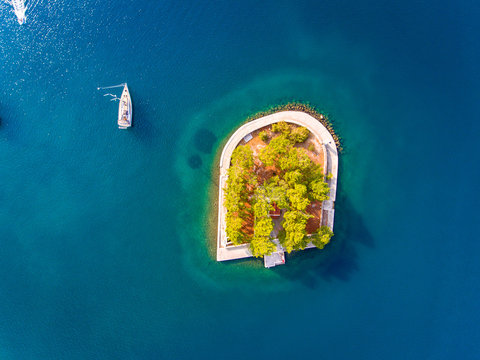 Vathy Ithaca (Ithaka) harbour entrance with famous small Church