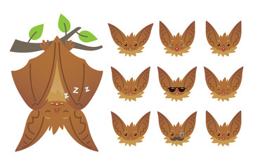Bat sleeping, hanging upside down on branch. Animal emoticon set. Illustration of bat-eared brown creature with closed wings in flat style. Emotional heads of cute Halloween bat vampire. Emoji. Vector
