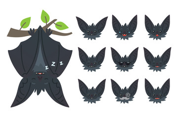 Bat sleeping, hanging upside down on branch. Animal emoticon set. Illustration of bat-eared grey creature with closed wings in flat style. Emotional heads of cute Halloween bat vampire. Emoji. Vector.