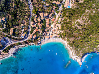 Top down aerial view of Agios Nikitas village and beach in Lefkada Greece