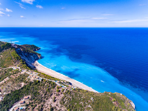 Milos Beach in Lefkada, the second most famous beach on the island as seen from the air panoramic view