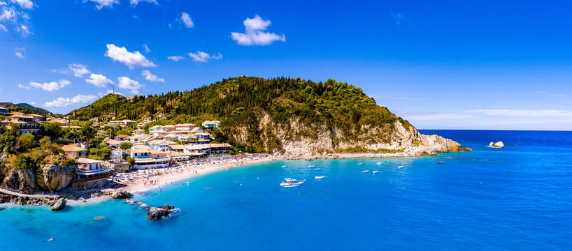 Agios Nikitas beach in Lefkada panoramic view from the sea in the summer
