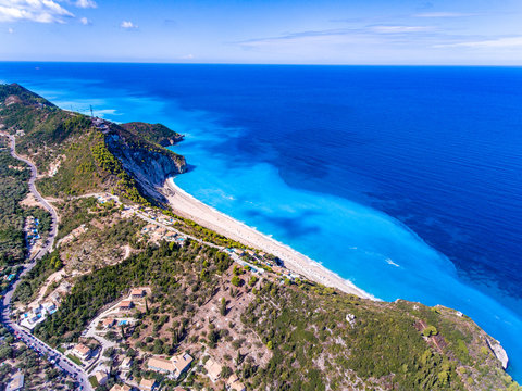 Milos Beach in Lefkada, the second most famous beach on the island as seen from the air panorama view