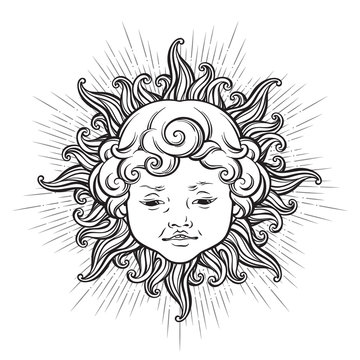 Sun with face of cute curly smiling baby boy isolated. Hand drawn sticker, coloring book pages, print or boho flash tattoo design vector illustration