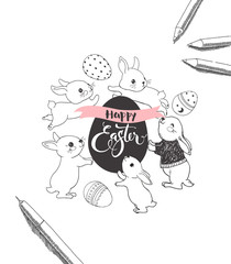 Egg with Happy Easter handwritten inscription, surrounded by cute bunnies, pen and pencils hand drawn with contour lines. Monochrome vector illustration for holiday celebration party invitation.