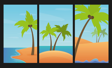 Landscapes set with palms, sand and sea. Summer vector illustration