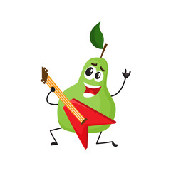 Vector flat funny pear happy fruit character rockstar smiling, holding red electric guitar singing song. Summer vacation, party poster design element. Isolated illustration, white background.