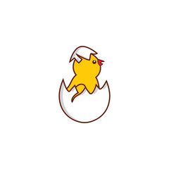 vector flat cute baby chicken Yellow small funny chick hatching from egg. Flat bird animal, isolated illustration on a white background, poultry, farm organic food products advertising design object.