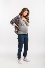 pregnant woman with nausea isolated on grey
