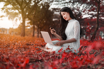 beautiful woman using laptop and mobile phone in the park