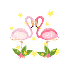Pink flamingo couple, love, family concept, exotic tropical birds vector Illustration
